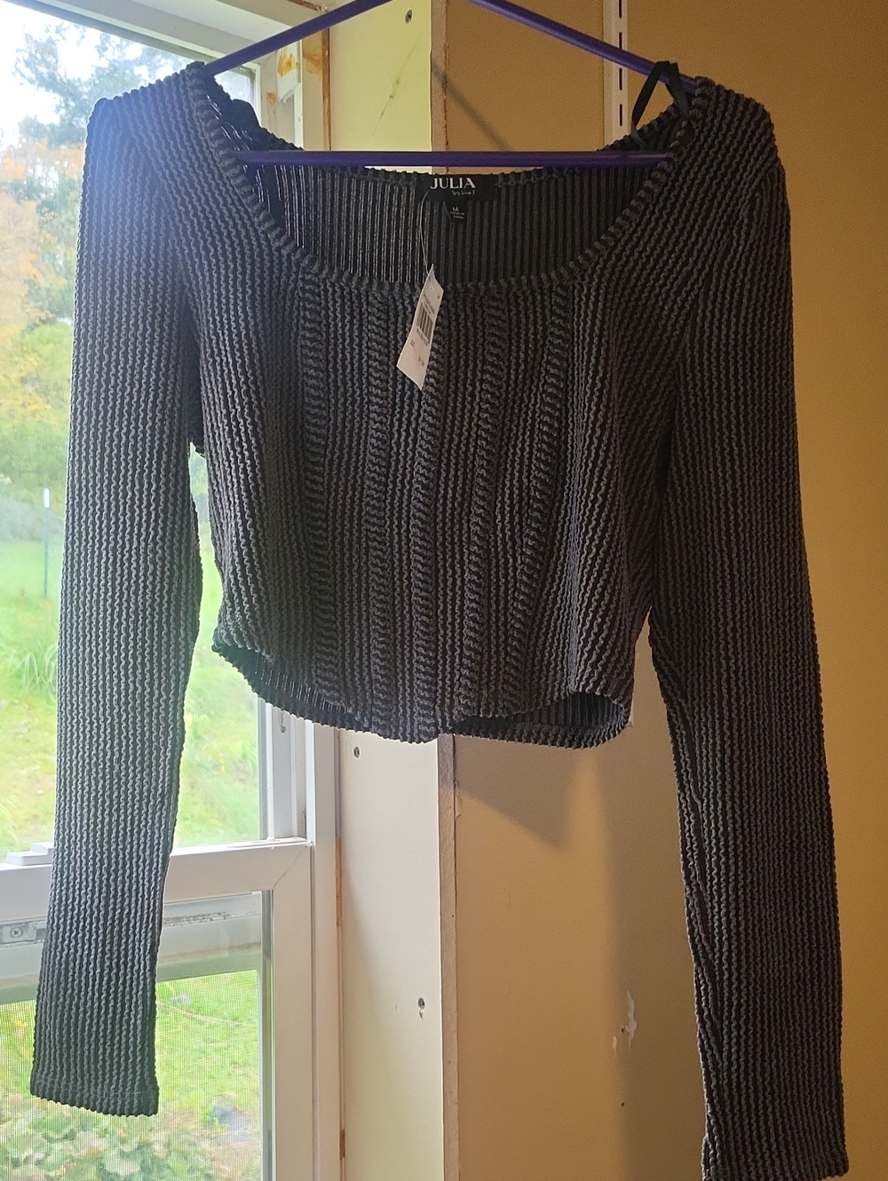 Black Ribbed Long-Sleeve Cropped Top